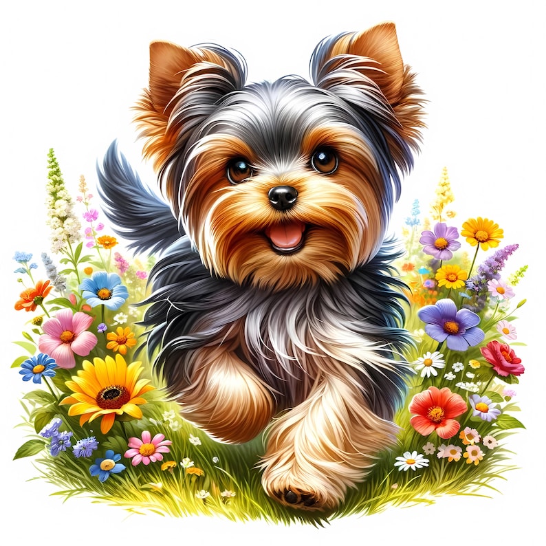 May include: A brown and black Yorkshire Terrier dog with a happy expression runs through a field of colorful flowers.