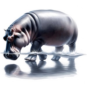 May include: A large gray hippopotamus walks through shallow water, its head dipped down to drink. The water splashes around its legs and creates ripples on the surface.