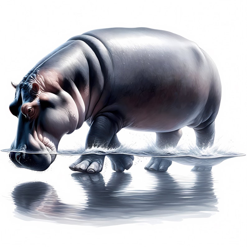 May include: A large gray hippopotamus walks through shallow water, its head dipped down to drink. The water splashes around its legs and creates ripples on the surface.