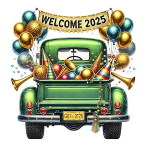 12 PNG, Clipart di Felice Anno Nuovo 2025 / Pacchetto di camion d'epoca di Capodanno / PNG di veicoli festivi / Arte festiva / Materiali stampabili / Uso commerciale.