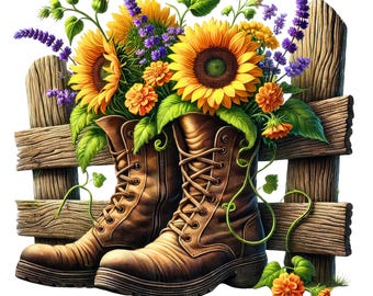 Floral Garden Boots Clipart, Colorful Flowers, 12 PNG/JPG (Digital Download)
