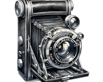 May include: A vintage black and silver camera with a lens that has a depth of field scale and a shutter speed dial. The camera has a bellows and a viewfinder.