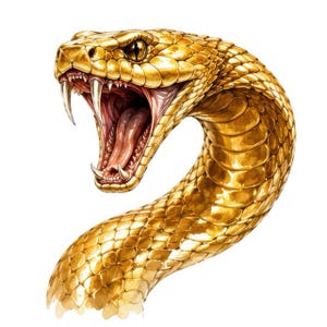 Puede incluir: Ilustración detallada de una serpiente dorada con la boca abierta, revelando afilados colmillos y una lengua rosada. Las escamas de la serpiente están meticulosamente representadas, creando una apariencia texturizada. La serpiente está sobre un fondo blanco.