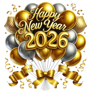 2026 New Year Balloons Clipart Bundle: Festive Party Balloons (15 PNG, Digital Download)