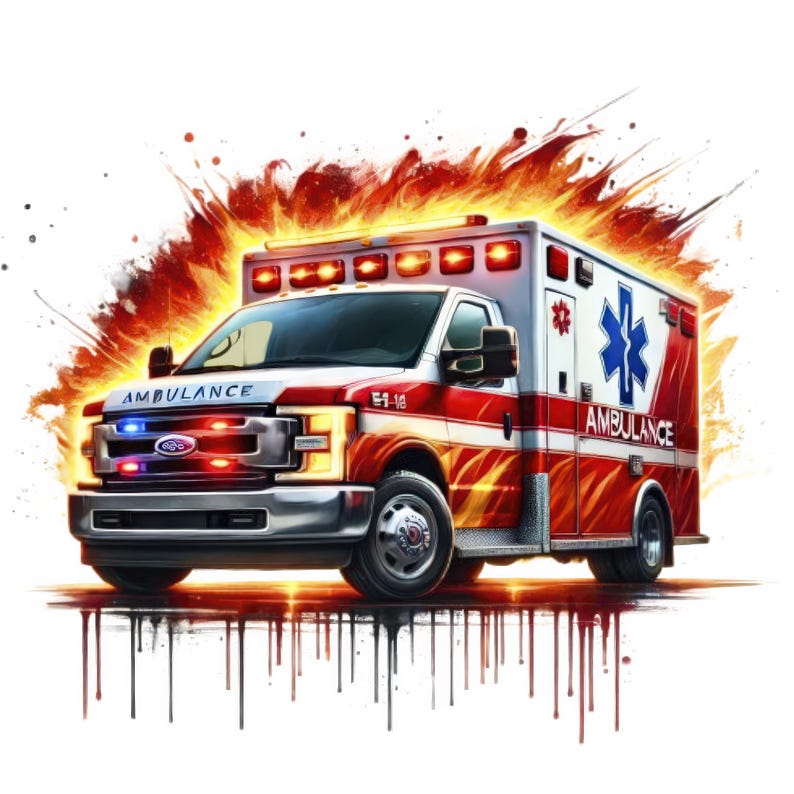 May include: A red and white ambulance with a large red star of life on the side. The ambulance is engulfed in flames and smoke.