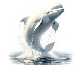 May include: A white beluga whale leaps out of the water, creating a spray of water droplets. The whale is in mid-air, with its head tilted back and its mouth slightly open. The water is a light blue color, and the background is white.