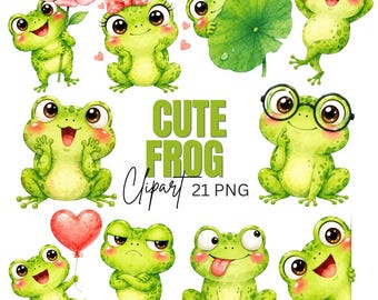 Adorable Frog Clipart: Whimsical Frog Graphics, Nursery Art (Digital Download) 21 PNG