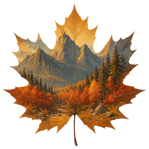 May include: A digitally created image of a maple leaf with a mountain landscape scene inside. The leaf is a golden-brown colour, with the mountain scene featuring trees and a river in autumn colours.