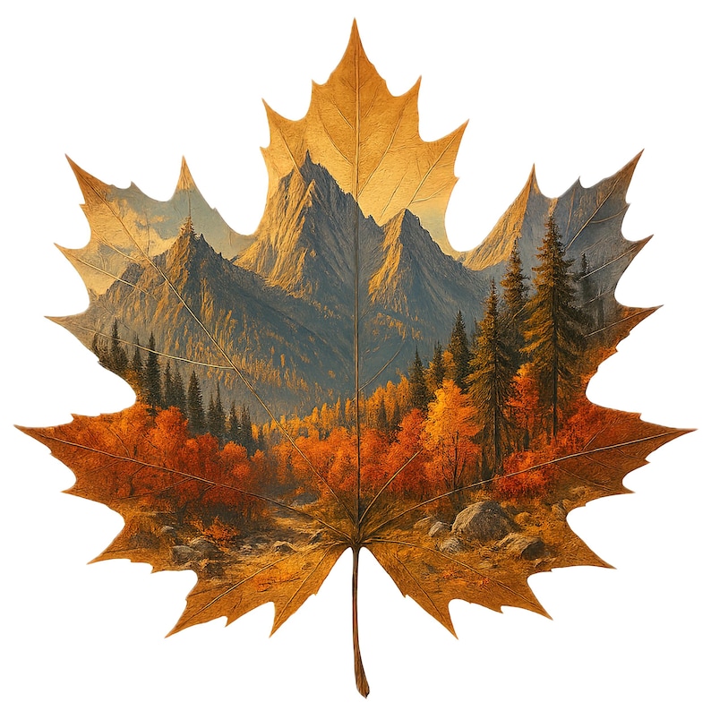 May include: A digitally created image of a maple leaf with a mountain landscape scene inside. The leaf is a golden-brown colour, with the mountain scene featuring trees and a river in autumn colours.