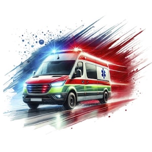 May include: A red, white, and green ambulance with a blue star of life symbol on the side. The ambulance is driving on a road with a blurred background.