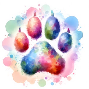 K&ouml;nnte beinhalten: Ein farbenfrohes Aquarellbild eines Pfotenabdrucks mit einem Regenbogen aus Farben. Der Pfotenabdruck ist von einem weichen Aquarellhintergrund mit Farbspritzern umgeben.