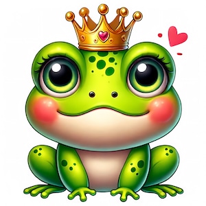 Puede incluir: Una rana verde con una corona dorada con un coraz&oacute;n rosa en la parte superior. La rana tiene ojos grandes y negros y mejillas rosadas. Un coraz&oacute;n rosa est&aacute; en el fondo.