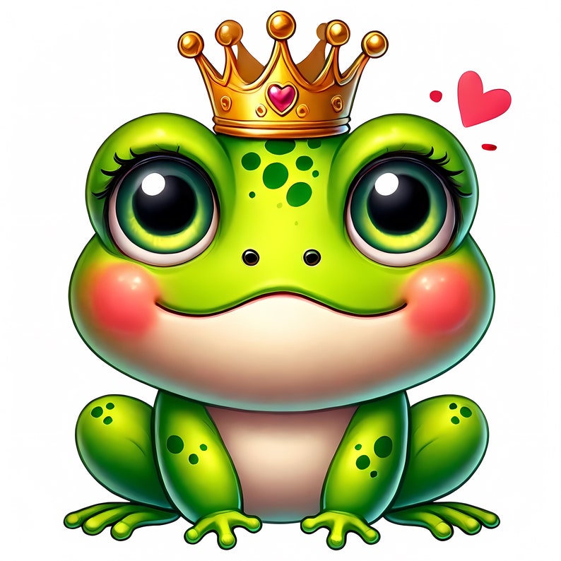Puede incluir: Una rana verde con una corona dorada con un coraz&oacute;n rosa en la parte superior. La rana tiene ojos grandes y negros y mejillas rosadas. Un coraz&oacute;n rosa est&aacute; en el fondo.