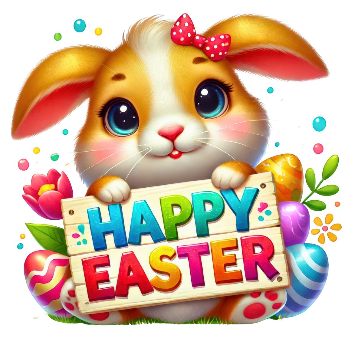 May include: A cute cartoon bunny rabbit with a pink bow holding a sign that says 