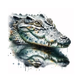 May include: A close-up of a crocodile's head with its mouth open, showing sharp teeth. The crocodile is in the water, and its reflection is visible in the water. The image is painted in a watercolor style with splashes of color.
