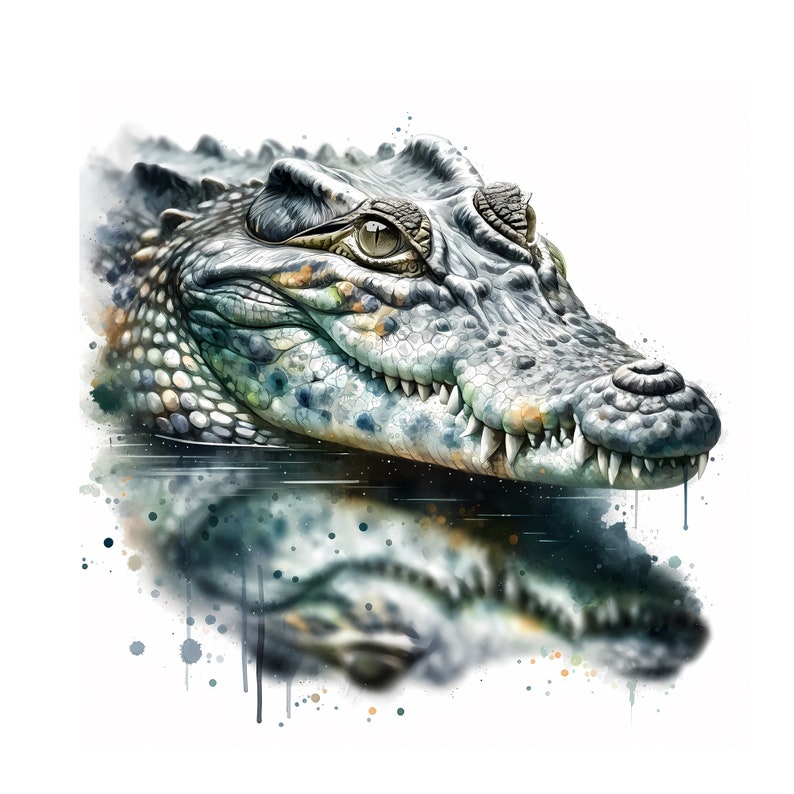 May include: A close-up of a crocodile's head with its mouth open, showing sharp teeth. The crocodile is in the water, and its reflection is visible in the water. The image is painted in a watercolor style with splashes of color.