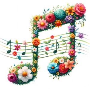 Clipart de notas musicales y flores / 12 archivos JPG de alta calidad / Paquete de notas musicales florales / Arte mural / Arte musical / Imprimibles / Uso comercial