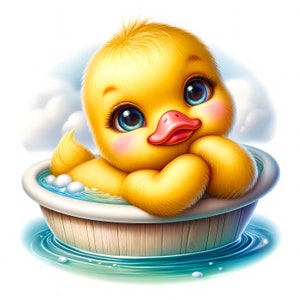 Peut inclure: Un petit canard en caoutchouc jaune aux yeux bleus prend un bain dans une baignoire en bois. La baignoire est remplie d'eau et de bulles. Le canard repose sa t&ecirc;te sur ses ailes et regarde la cam&eacute;ra.