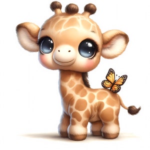 Op de afbeelding: Een schattige cartoon giraffe met grote blauwe ogen, roze wangen en een vriendelijke glimlach. De giraffe heeft bruine vlekken en een kleine staart. Een geel-zwarte vlinder zit op zijn rug. De achtergrond is wit.