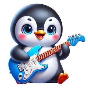 May include: A cartoon penguin wearing a black and white tuxedo plays a blue electric guitar with a white pickguard.
