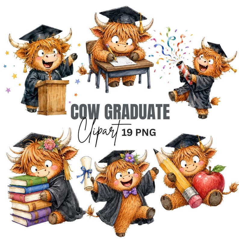 Graduation Highland Cow Clipart: Watercolor Cows With Cap & Books ...