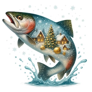 May include: A whimsical illustration of a fish leaping from water, with a winter scene inside. The fish is blue, green, and red, with a Christmas tree, houses, and ornaments inside. Snowflakes and water droplets surround the fish.