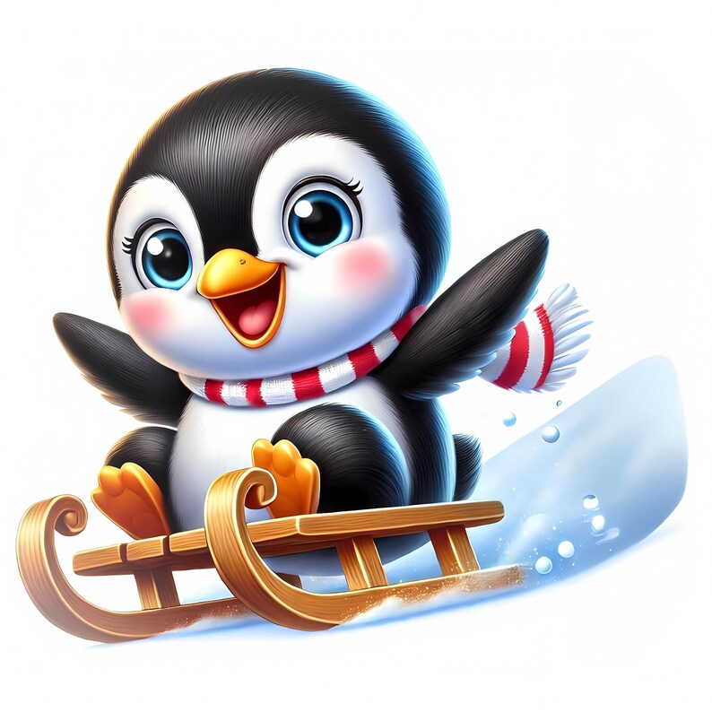 May include: A cartoon penguin wearing a red and white striped scarf is sliding down a snowy hill on a wooden sled. The penguin has big, round eyes and a happy expression.