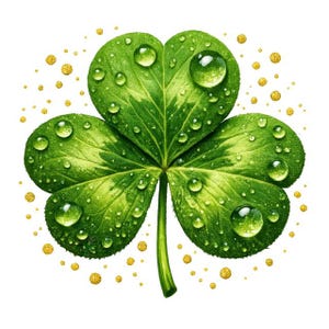 Puede incluir: Ilustración de un trébol verde de tres hojas, adornado con gotas de agua brillantes. El trébol se encuentra sobre un fondo blanco, con detalles de purpurina dorada. Un símbolo del Día de San Patricio.