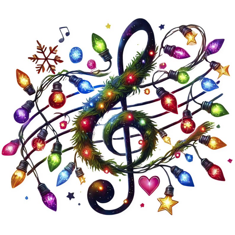 May include: A black treble clef with a green garland of Christmas lights wrapped around it. The lights are multi-colored and include red, green, blue, yellow, orange, and purple. There are also small stars and a heart in the image.