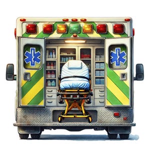 May include: A white ambulance with green and yellow stripes and a red cross on the side. The back doors are open, revealing a stretcher inside.