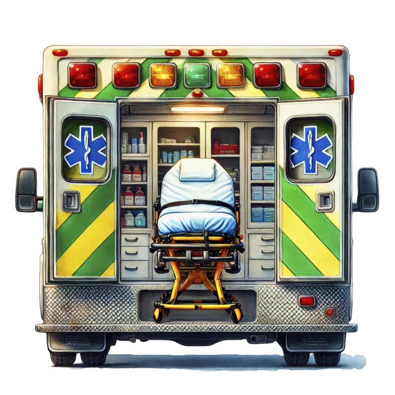 May include: A white ambulance with green and yellow stripes and a red cross on the side. The back doors are open, revealing a stretcher inside.