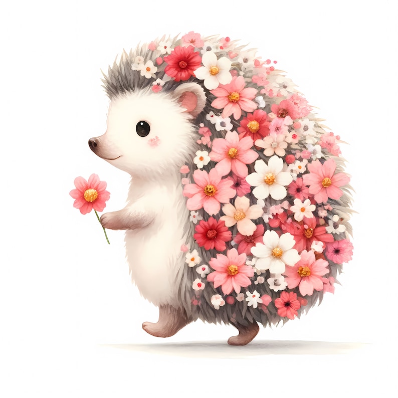 K&ouml;nnte beinhalten: Ein niedlicher Comic-Igel mit einer rosa-wei&szlig;en Bl&uuml;tenkrone. Der Igel h&auml;lt eine einzelne rosa Blume in seiner Pfote und geht auf wei&szlig;em Hintergrund.