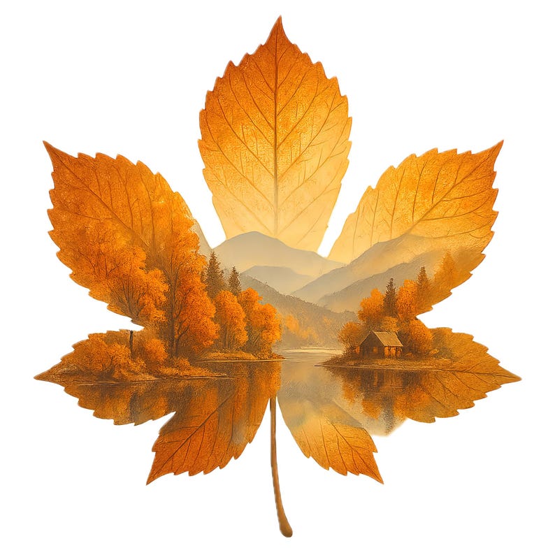 May include: An orange maple leaf design with a landscape scene inside. The landscape features a lake, trees, mountains, and a small cabin. The leaf's veins are visible, and the overall image has a warm, autumnal feel.