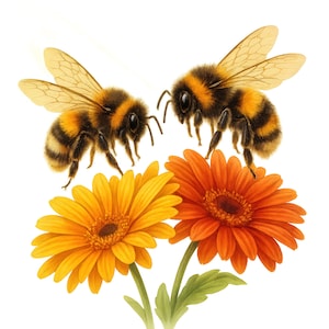 12 Bees in Flowers Clipart Bundle, Bee Clipart PNG, Floral Bee Clipart, Cute Bumblebee Clipart, Bee with Flowers PNG, Spring Bee Art
