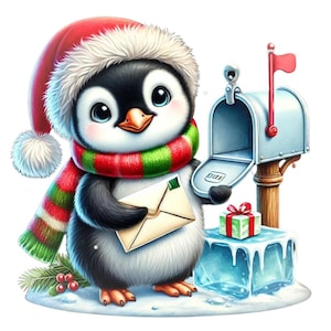 Clipart de pingüino navideño / 10 PNG de alta calidad / Paquete de imágenes festivas de pingüinos navideños / Pingüino de invierno / Arte festivo / Uso comercial
