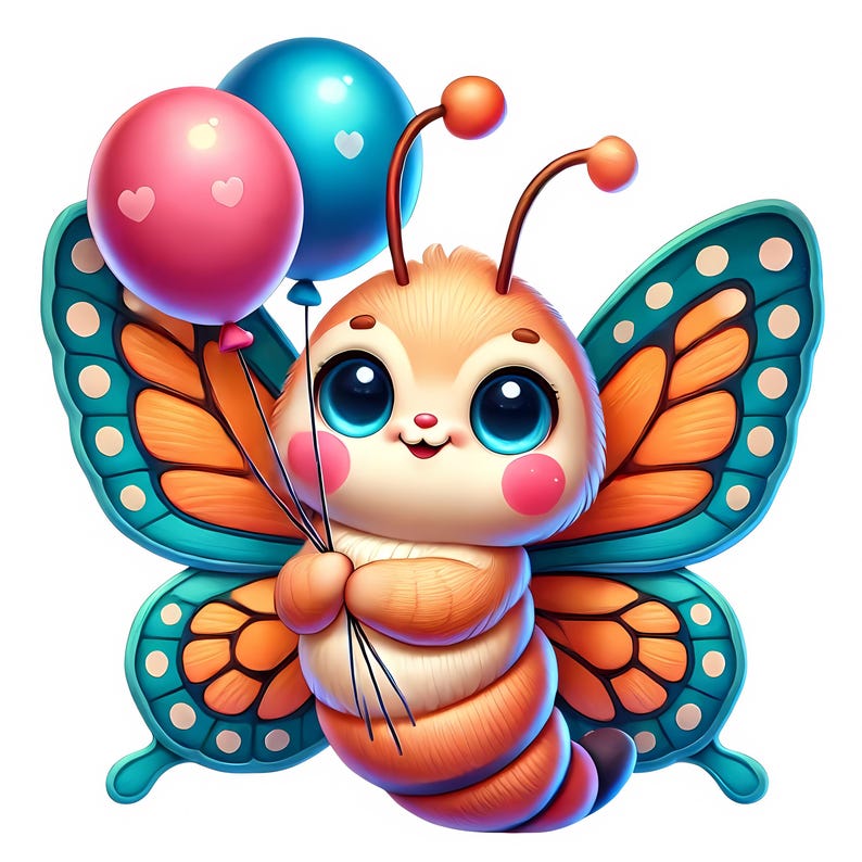 Puede incluir: Una linda mariposa de dibujos animados con alas naranja y azules sostiene dos globos, uno rosa y otro azul. La mariposa tiene ojos grandes y azules y una expresi&oacute;n feliz.