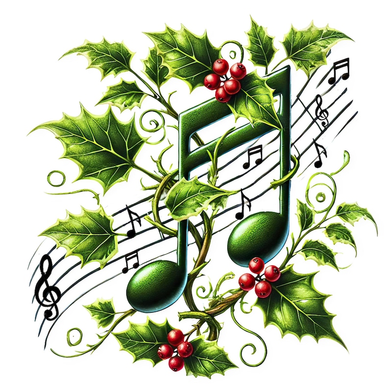 May include: Green musical notes intertwined with holly leaves and red berries. The notes are set against a background of musical staff lines.