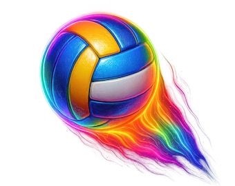 May include: A vibrant volleyball in flight, featuring a dynamic design with blue, yellow, and white panels. The ball is trailed by a colorful, rainbow-like effect, creating a sense of speed and energy against a white background.