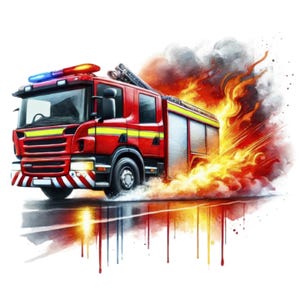Könnte beinhalten: Ein rotes Feuerwehrauto mit einem gelben Streifen und einer Leiter auf dem Dach fährt durch eine Rauch- und Flammenwolke. Das Auto hat einen weißen Streifen an der Seite und eine schwarze Stoßstange.