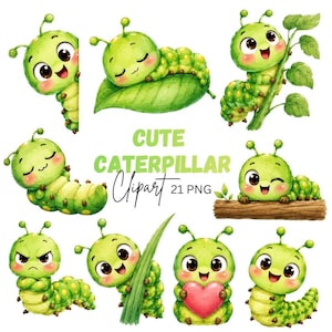 Op de afbeelding: Een verzameling aquarelillustraties met groene rupsen in verschillende houdingen, waaronder slapend op een blad, een rood hart vasthoudend en klimmend in een tak. De tekst CUTE CATERPILLAR Clipart 21 PNG staat in het midden afgebeeld.