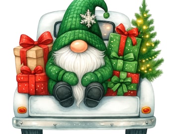 May include: A watercolour illustration of a Christmas gnome wearing a green knitted hat and outfit, sitting in the back of a white truck. The truck is filled with wrapped gifts and a small Christmas tree. The gifts are red and green.