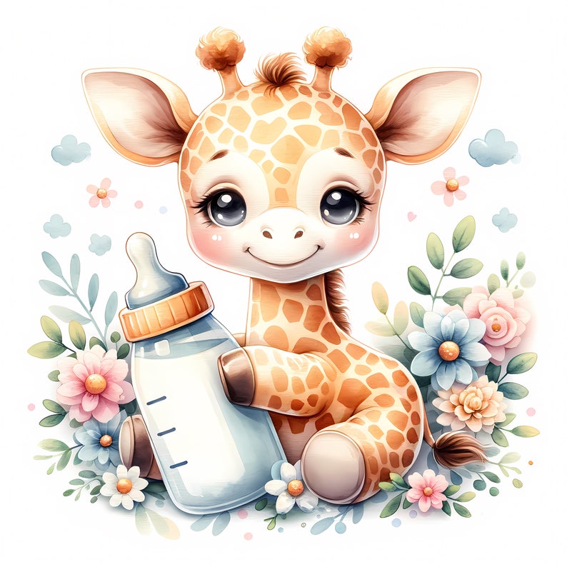 Op de afbeelding: Een schattige cartoon-giraf met bruine vlekken houdt een blauwe babyfles vast met een wit deksel en een oranje speen. De giraf wordt omringd door roze, blauwe en witte bloemen.