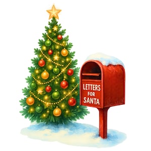 May include: A festive Christmas illustration featuring a decorated evergreen tree with ornaments and a star topper. Beside it is a red mailbox with the text "LETTERS FOR SANTA" and a dusting of snow.