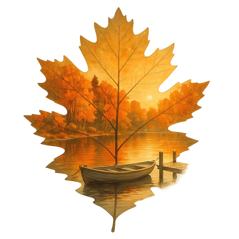 May include: A watercolour painting of a golden autumn leaf with a lake scene inside. A small boat is tied to a wooden dock. The background shows trees and a sunset, creating a serene, nature-themed artwork.