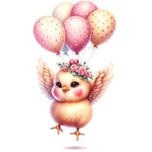 Clipart de pollo adorable / 11 archivos JPG de alta calidad / Paquete de imágenes de pollo adorable con globos / Decoración infantil / Imprimibles / Uso comercial