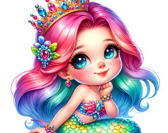 Cute Mermaid Clipart | 12 High-Quality JPGs | Magical Cute Mermaid Clipart Bundle | Nursery Mermaid | Wall Art | Printables | Commercial Use