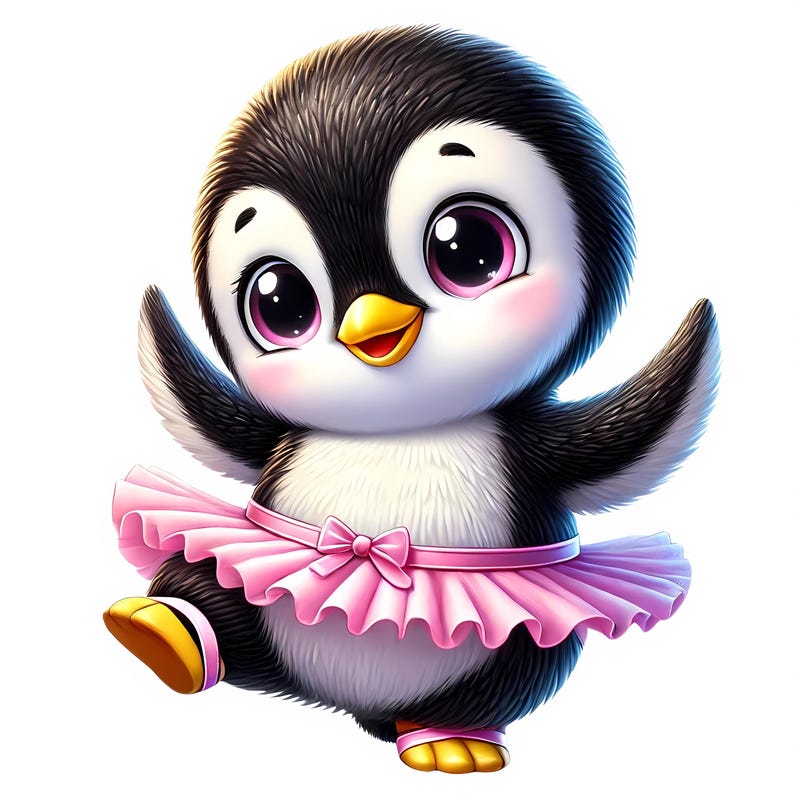 May include: A cartoon penguin wearing a pink tutu and a big smile. The penguin has black and white feathers and large, expressive eyes.