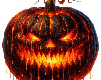 Pode incluir: Ilustração digital de uma abóbora de Halloween com um rosto ameaçador esculpido. A abóbora é preta com detalhes em laranja e amarelo fogo, lembrando lava derretida. O caule é marrom e torcido.