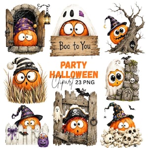 May include: A collection of Halloween-themed digital illustrations featuring orange pumpkins with large eyes in various costumes and settings, including a stone window, a wooden sign reading Boo to You, a tree, a fence, and a pile of skulls.