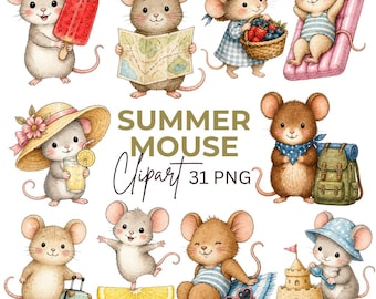 Whimsical Summer Mouse Clipart: Kids Crafts Graphics, Nursery Decor (Digital Download) 31 PNGs